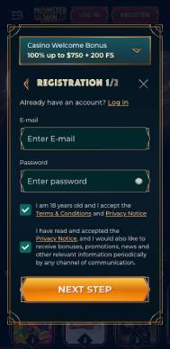 MonsterWin Casino registration screenshot