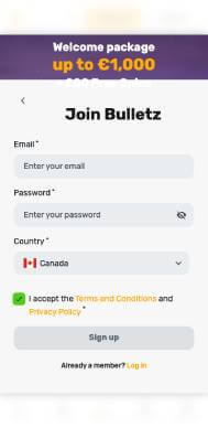 Bulletz Casino signup screenshot