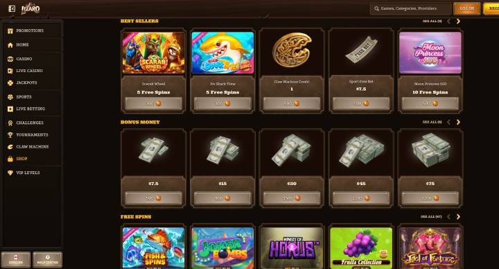 Lizaro Casino bonus shop screenshot