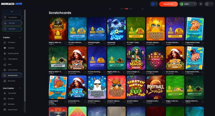 MonacoJack Casino scratchcards screenshot