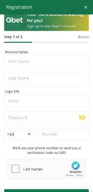 Qbet casino registration screenshot